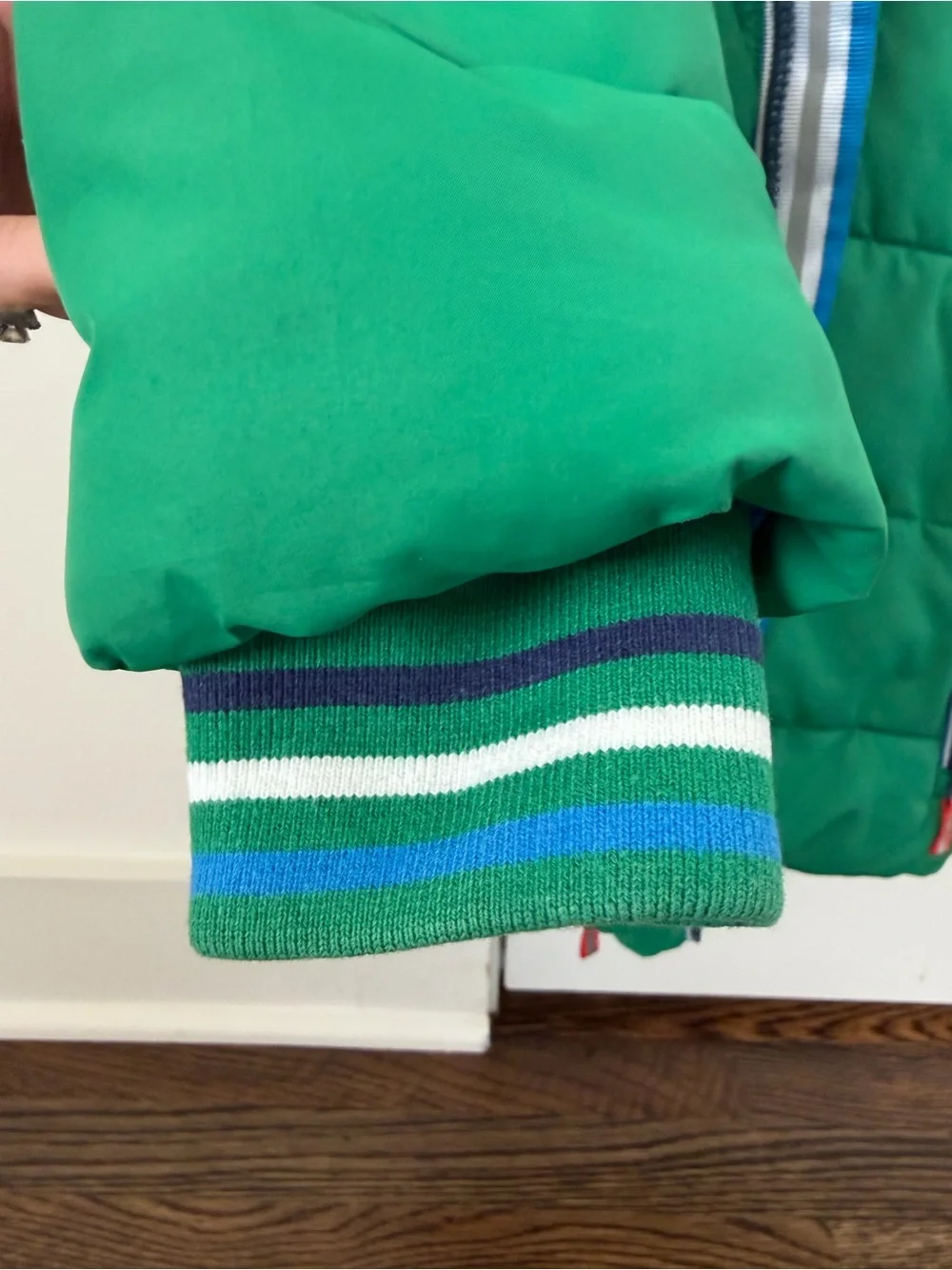 Mini Boden Green Hooded Puffer Jacket with Contrast Zippers